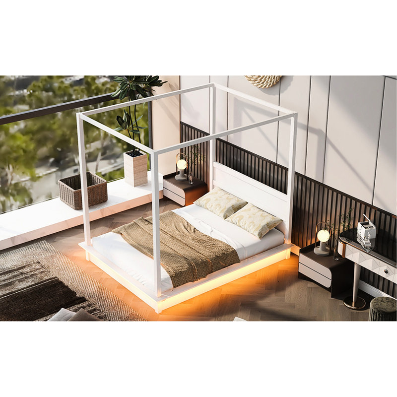 Lit plateforme à baldaquin à DEL blanc pour chambre à grand lit, tête de lit traditionnelle, taille à installation rapide avec auvent, look épuré, performance durable