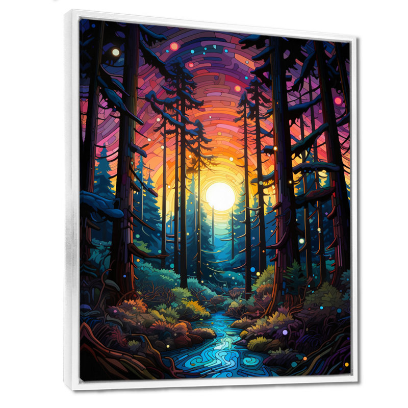 Glorieux, coucher de soleil, forêt bleue, rivière, arbre, séquoia, art mural, salon, Cadre flottant brun, bois massif