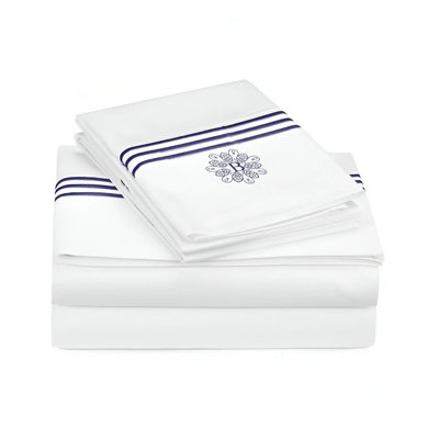 Monogram 400TC Triple Embroidery Sateen Solid Cotton Sheet Set
