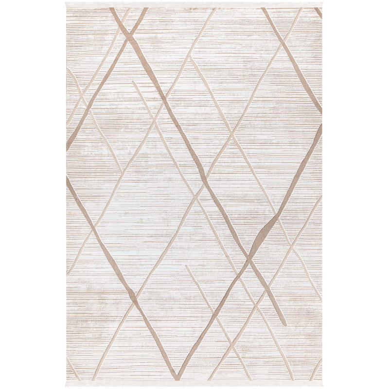 Tapis en acrylique beige à motif rayé fabriqué à la machine Acencion | 45880-bej, Rectangle 2 pi 8 po x 5 pi