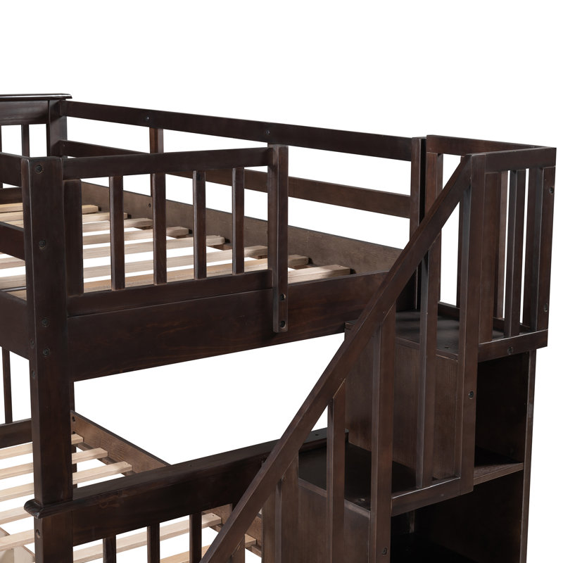 3 Drawers Wood Standard Bunk Bed, Espresso, Twin Over Twin