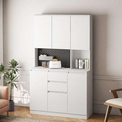 Armoire garde-manger de 74 po avec station de charge, buffet avec placards autoportants avec tiroir, garde-manger moderne avec support à micro-ondes pour la cuisine, le salon, la salle à manger