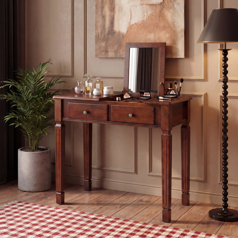 LUMERA Collection Vintage Solid Wood Vanity And Writing Desk With Flip Mirror & Storage Drawers, Cherry