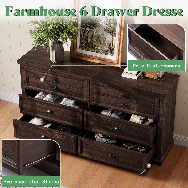 Rustic Brown Medium Wood Farmhouse 58" Six-Drawer Dresser