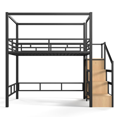 Full Loft Bed with Storage Stairs and Wardrobe, Metal Loft Bed with Canopy Frame and Led Light, Ample Underbed Spaces Design, Black