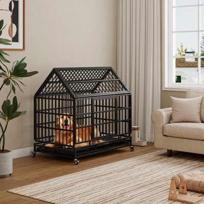 Large And Medium Dog Crate, 48 Inch, Metal Construction, Pointed Roof, Easy To Manage Heavy Duty Folding Cage For Dogs, Removable Tray, Lockable Wheels Mobility