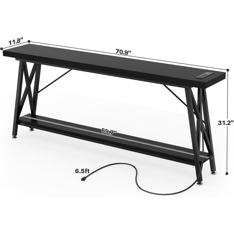 Console 70,9 pouces avec station de charge et tablette de rangement, Noir, noir, noir, noir