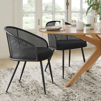 19" Seat Height Rattan Boucle Kitchen Dining Armchair