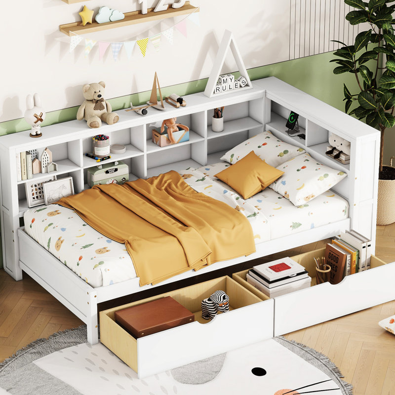 Lit de jour simple en bois avec abat-jour gris, 2 compartiments de tiroir et look de chargement, tiroirs, tablette de rangement