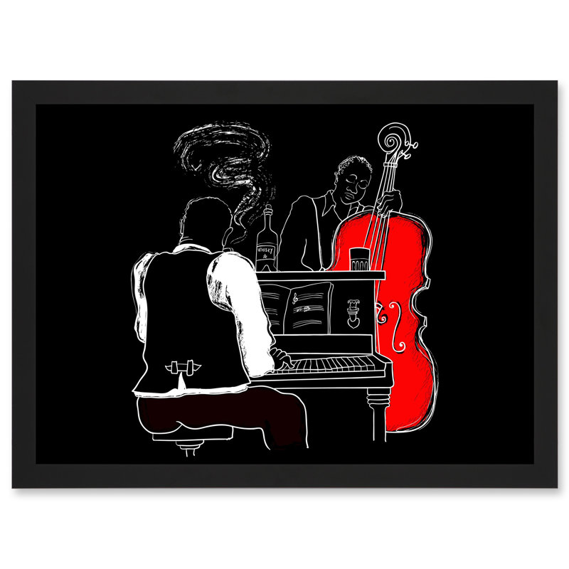 Musicians Jazz Piano Illustration Red Bass Bar Music Artwork Framed  Wall Art Print, 33cm H x 45.5cm W x 2cm D