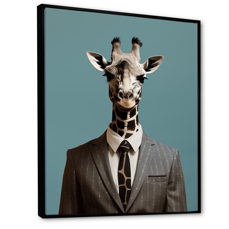Gris, girafe et costume de mode II - girafe, art mural, H 40 po x l 30 po x P 1,5 po, Cadre flottant noir