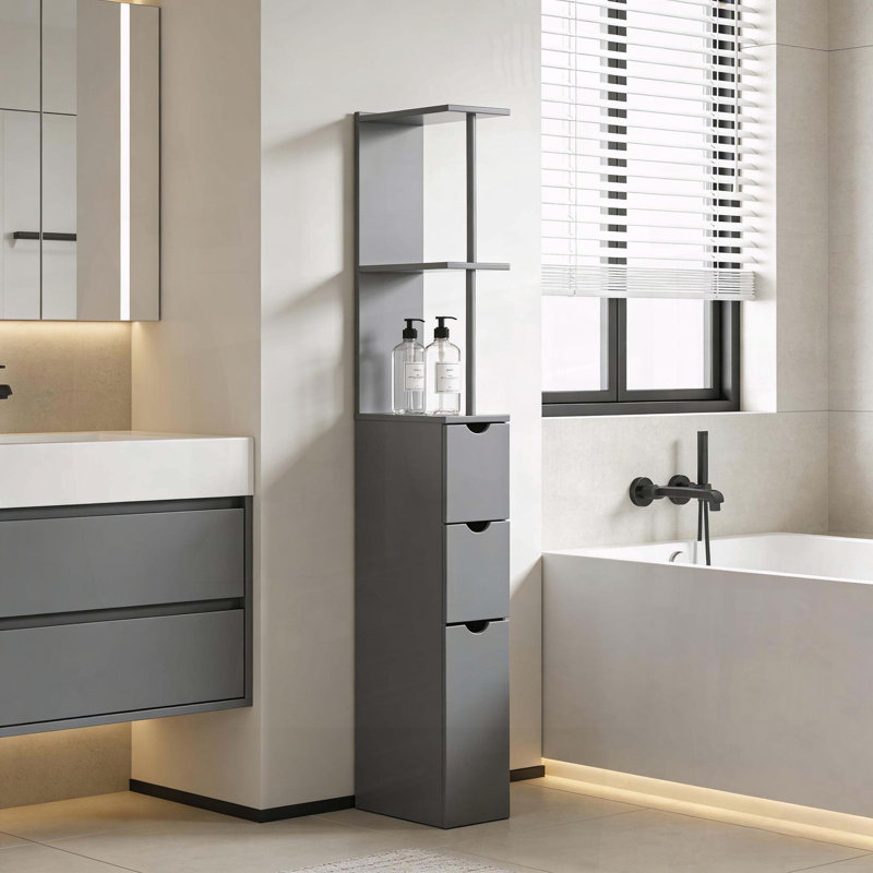 53.75 Inch Narrow Storage Tower with Open Shelves and Drawers - Grey, Gray
