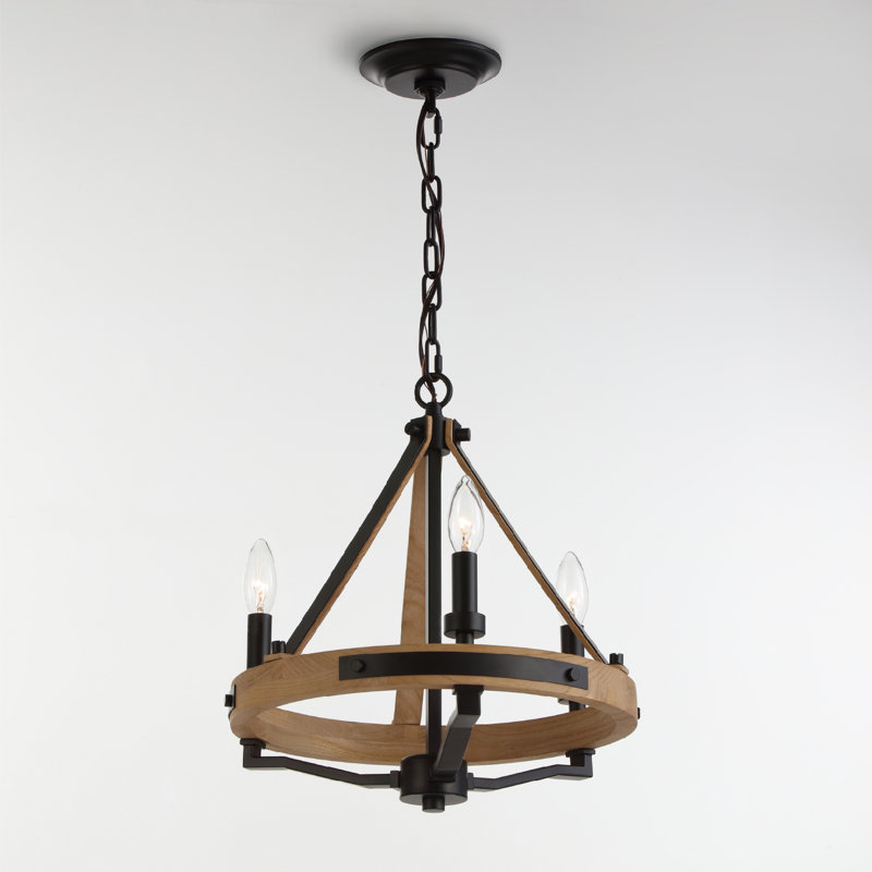 Lustre style rustique rustique 3 lumières VidaLite Savannah, lustre rond brun naturel et noir mat, longueur de suspension réglable, plafond incliné adaptable