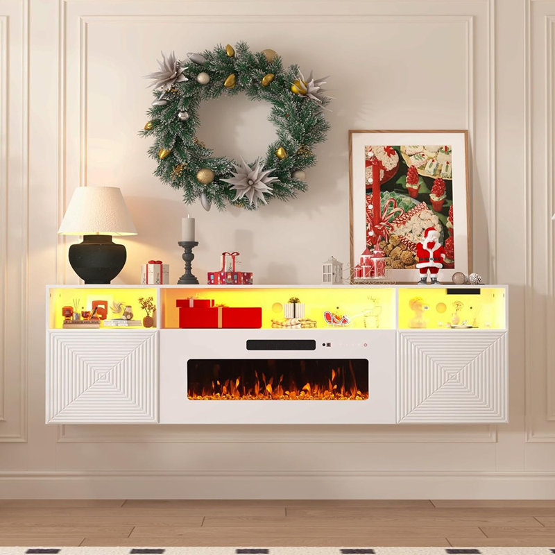 Meuble télé flottant, foyer électrique blanc de 36 po avec prises de courant, centre de divertissement mural de 70 po avec rangement pour téléviseur de 80 po ou moins