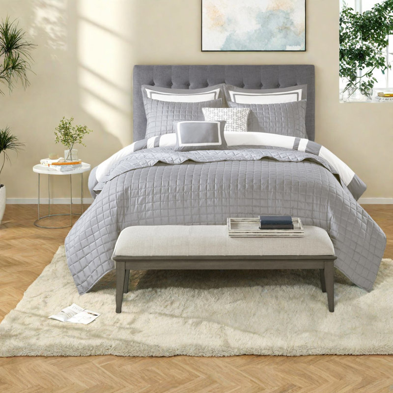 Ensemble de literie 8 pièces gris, édredon en polyester doux et courtepointe pour chambre à coucher moderne