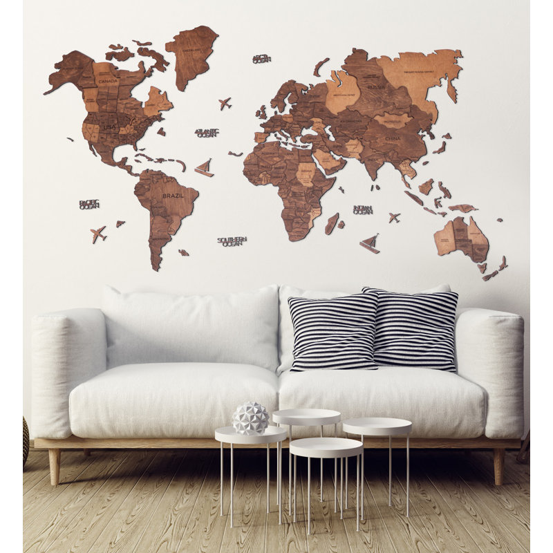 Carte du monde en bois 3D chêne