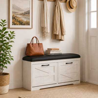 Farmhouse Shoe Bench with Storage, Entryway Shoe Storage Cabinet with Flip Drawers & Hidden Compartment, Narrow Shoe Rack Bench with Cushion Seat, White Shoe Organizer for Hallway, Living Room, Porch
