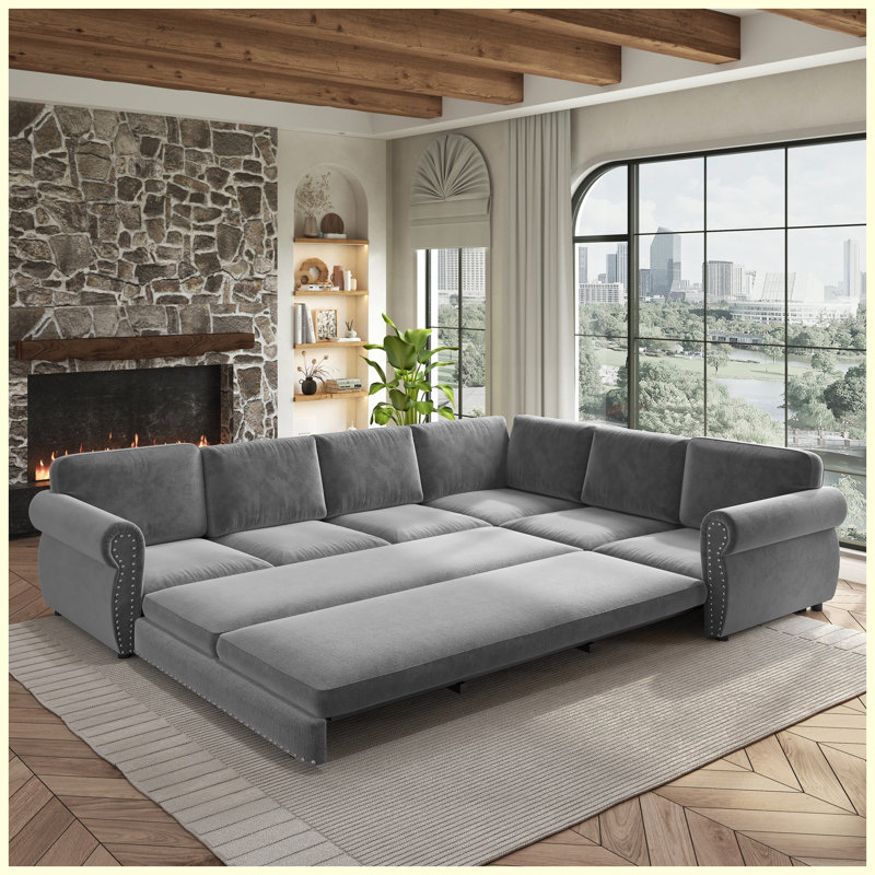 Canapé-lit modulaire en chenille de 118 po avec lit escamotable et garniture cloutée 118 po (gris)