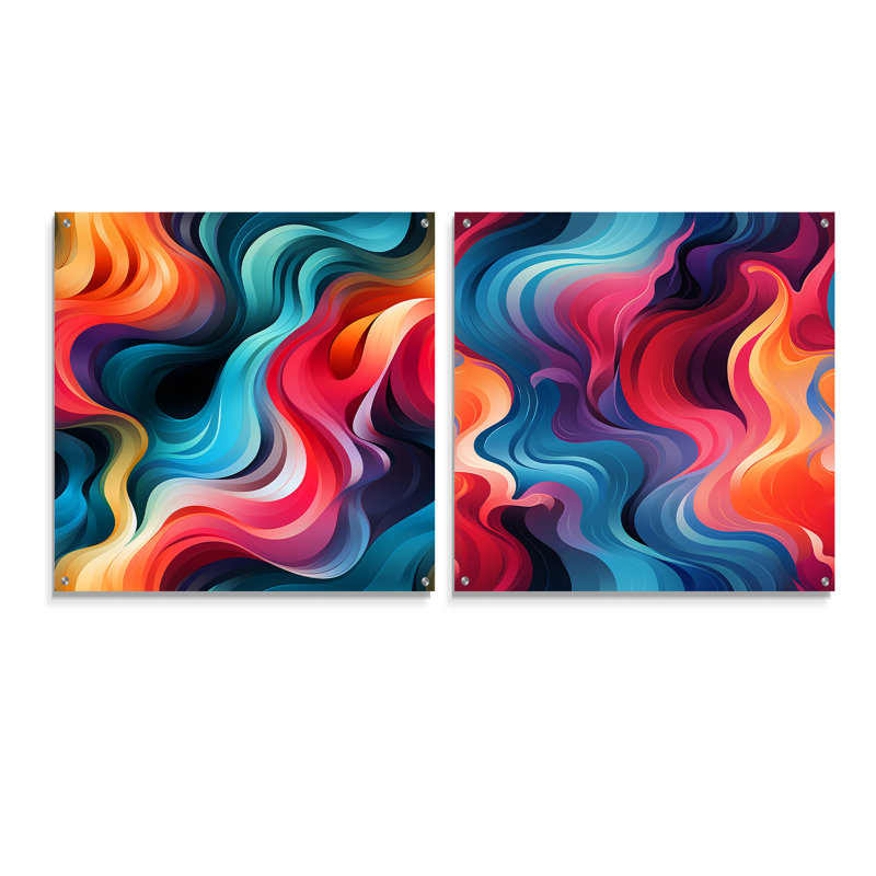 «Colorful Popart Groovy Gradient Canvas I», ensemble de 2 peintures murales abstraites géométriques en acrylique