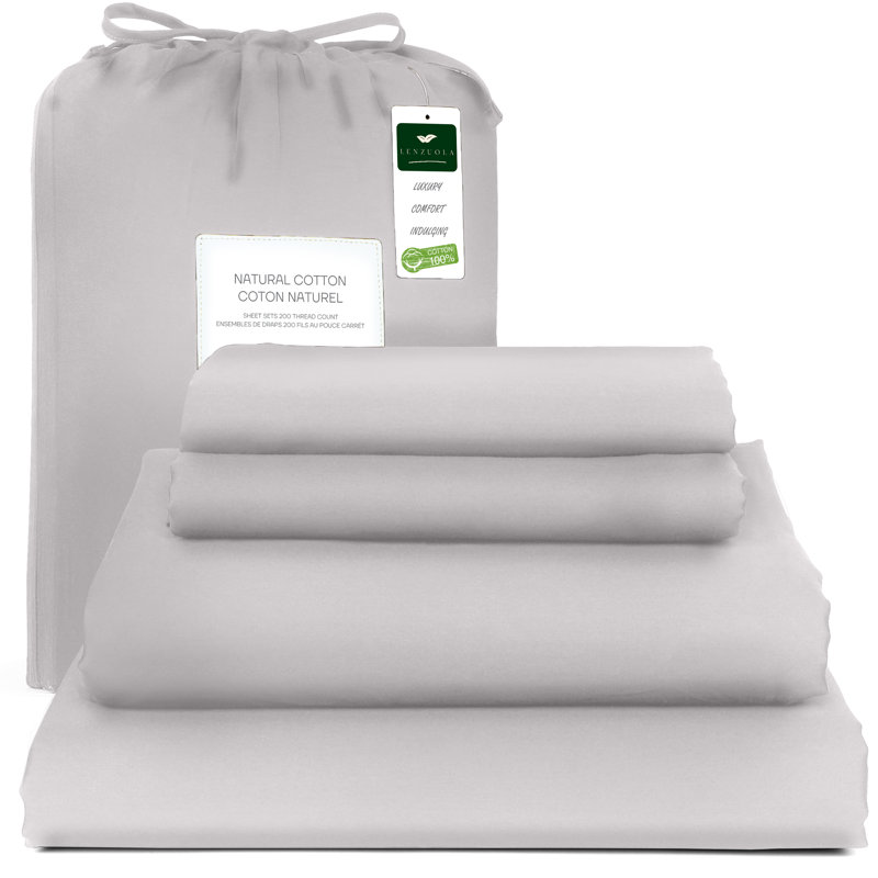 Ensemble de draps 100% satin de coton 200 fils respirant et rafraîchissant, Grand, gris