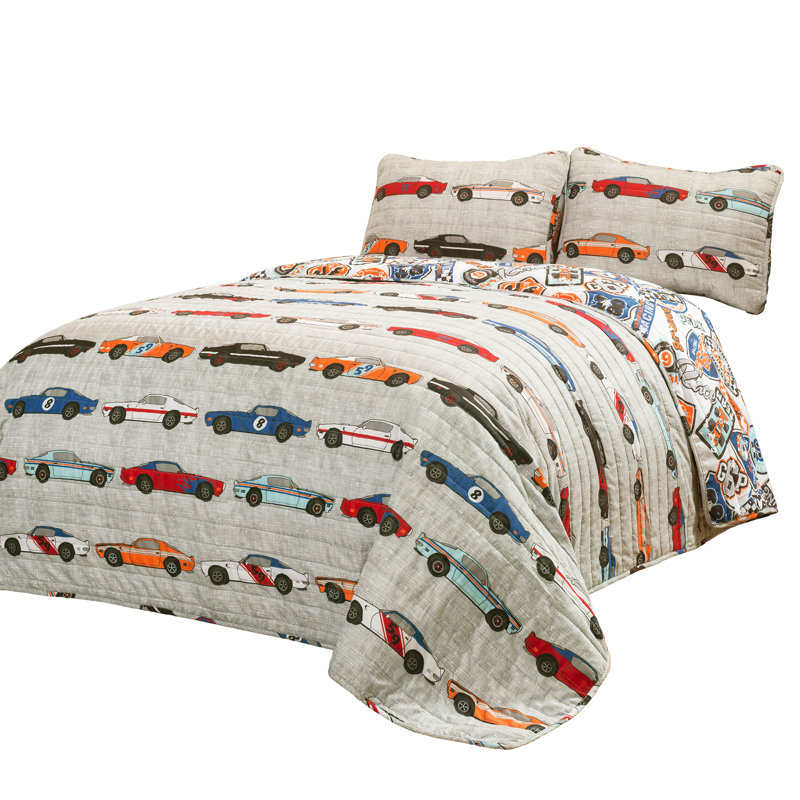 Ensemble de courtepointe réversible Race Cars, Bleu/orange, Édredon pour lit simple + 2 taies d'oreiller déc