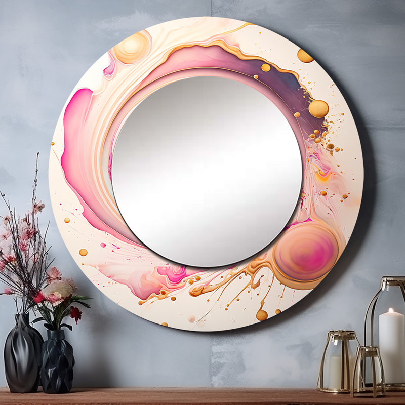 Oryan Pink Liquid Swirl - Abstract Spirals Decorative Mirror, Modern Round Wall Mirror, Printed Metal Art, 36" x 36"