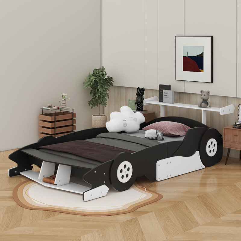 Race Car-Shaped Platform Bed With Wheels, Black, Full / Double