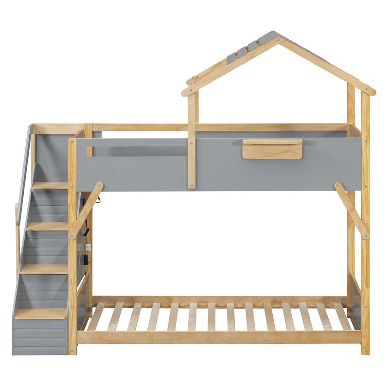 Lit superposé avec escalier intégré, panneau de rangement latéral et lumières DEL, Simple sur simple, Gris