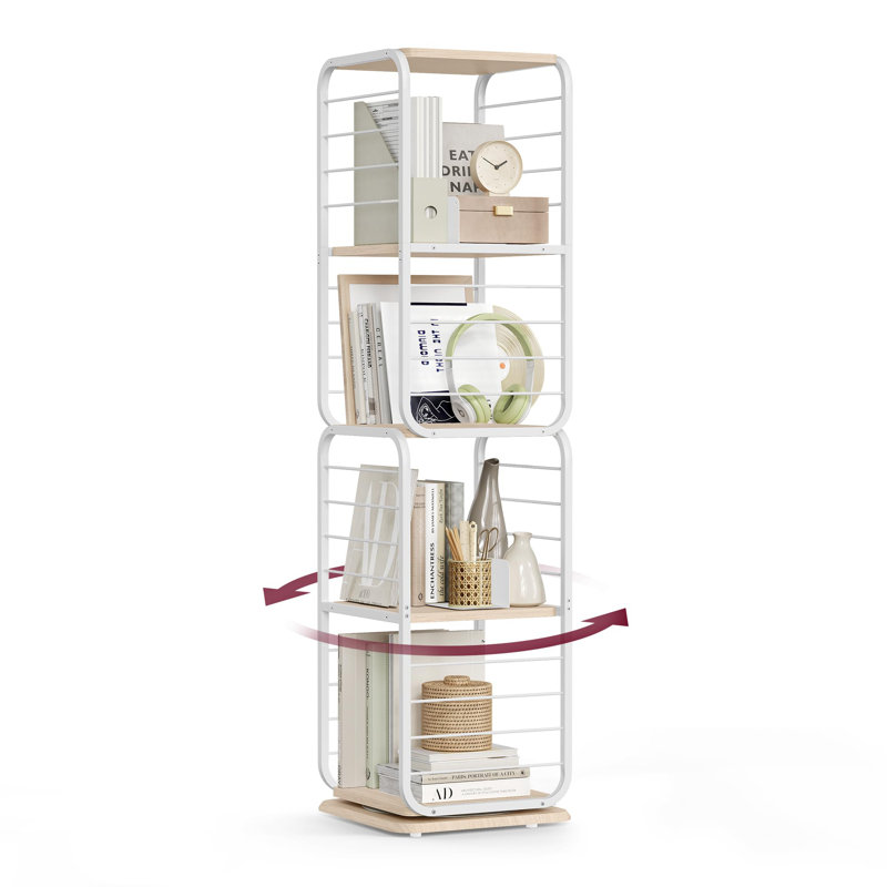 4-Tier Rotating Bookshelf, Bookcase With Bookends For Small Spaces, Corner Shelf, Steel Frame, White