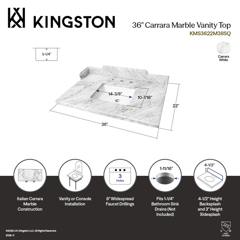 Fauceture KMS3622M38SQ Pemberton 36" X 22" Carrara Marble Vanity Top With Rectangular Sink, Carrara White