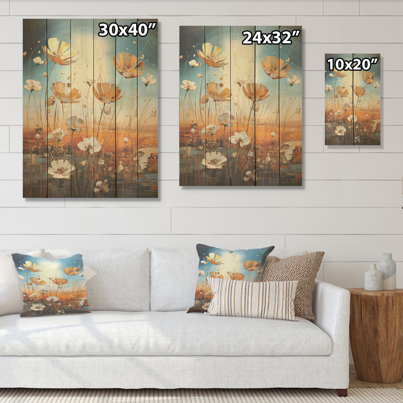 Serene Sunner Flowers Field I - Fleur, art mural sur bois de pin naturel, H 20 po x l 10 po