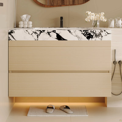 Meuble-lavabo flottant moderne 29,9 po avec comptoir en faux marbre et lavabo encastré en céramique, fixation murale pour petites salles de bain et appartements