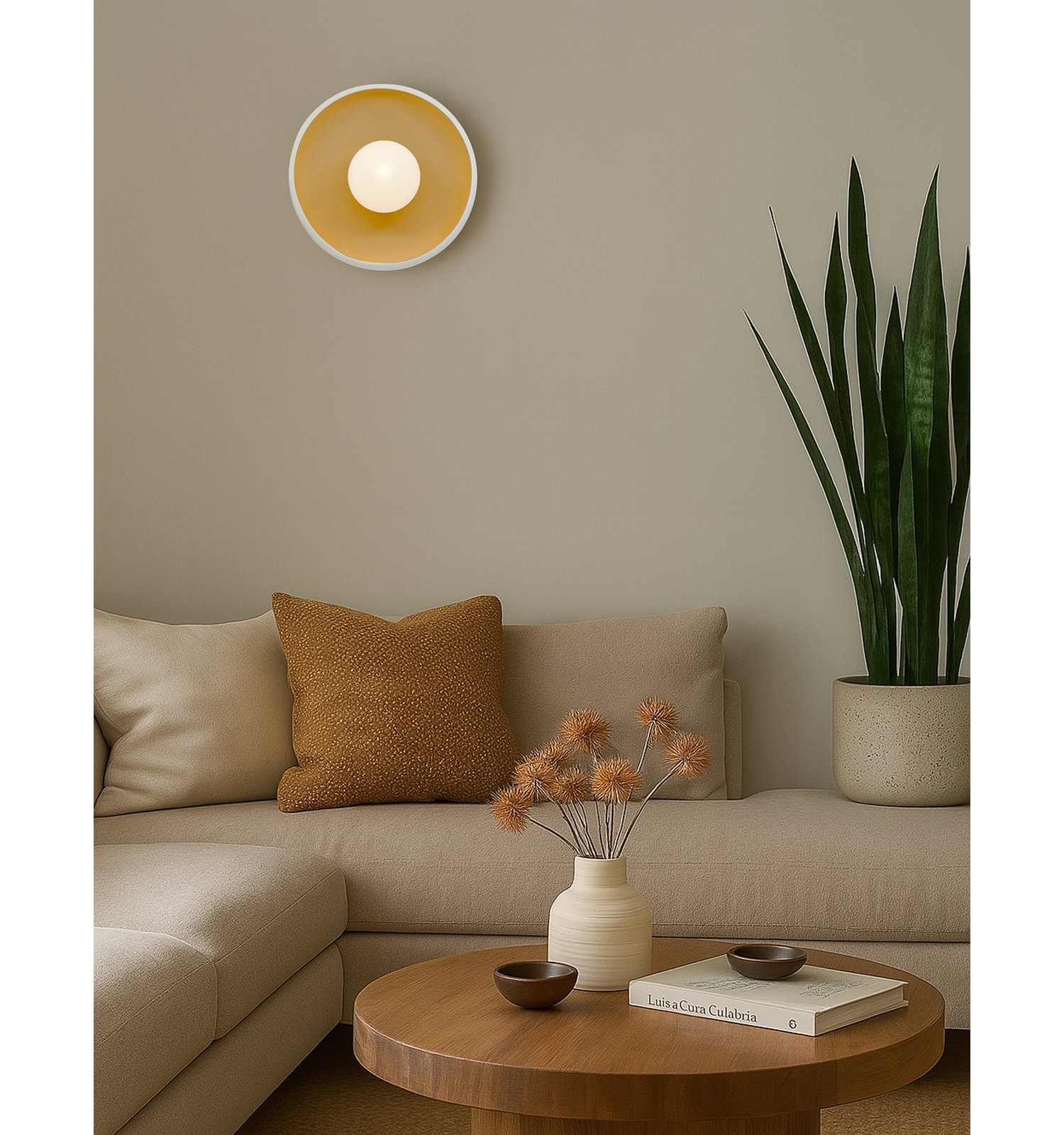 Single Light Ceramic Flush Mount Sconce, Matte White/Champagne Gold