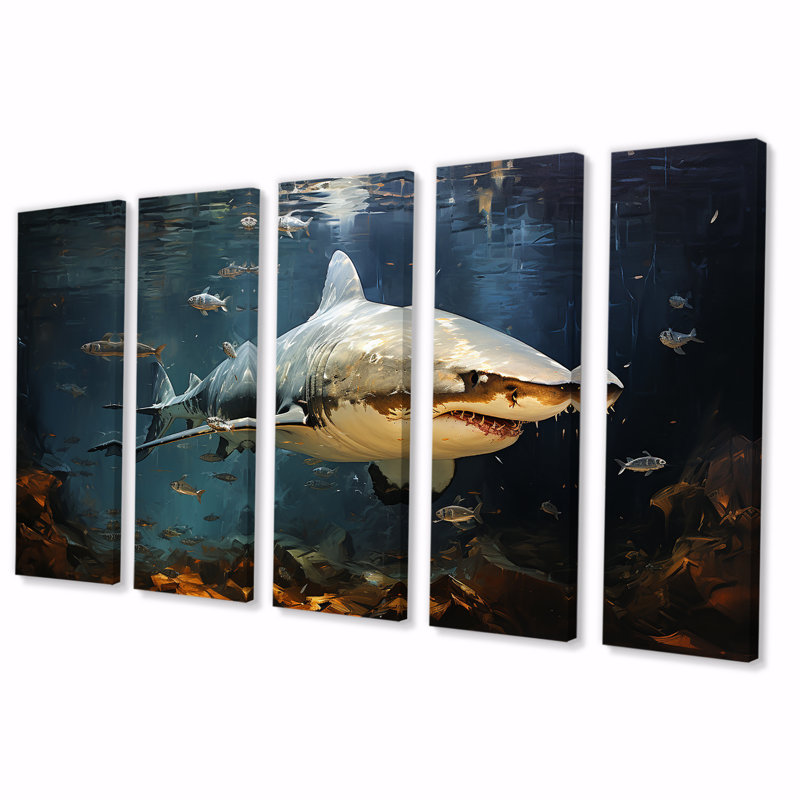 Underwater Shark Attack II - Shark 5 Piece Wall Art For Living Room, 32" H x 80" W