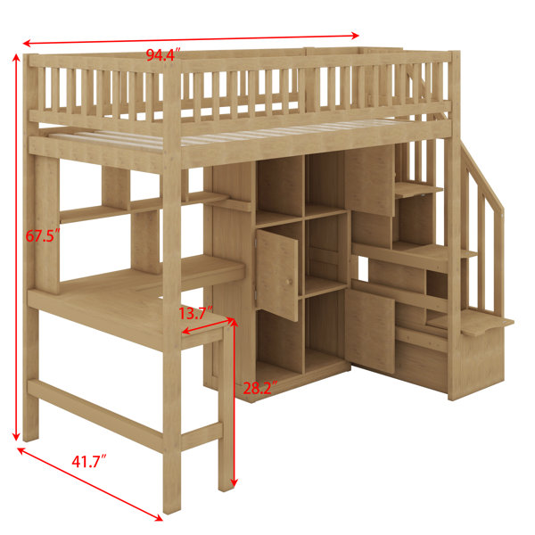 Latitude Run® Twin Size Loft Bed With Desk & Storage Stairs, Wood Loft ...