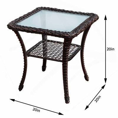 Table d'appoint d'extérieur, table de bistro intérieure en osier avec plateau en verre, table de bout carrée de rangement pour patio toutes saisons, structure en acier, 20 po x 20 po x 20 po