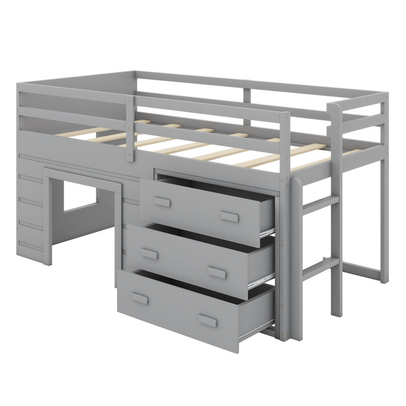 Lit mezzanine avec tiroirs et tablette, gris