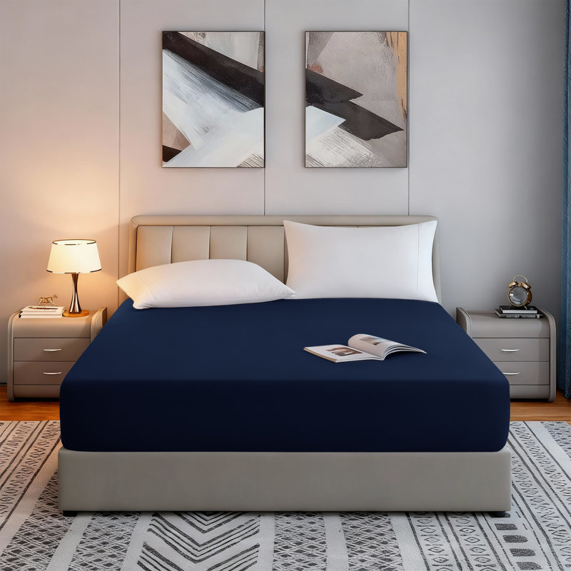 Tanvish Luxury Microfiber Fitted Sheet - 40 cm Deep Pocket, Ultra-Soft - Wrinkle-Free and Easy Care, Double (4'6), Navy