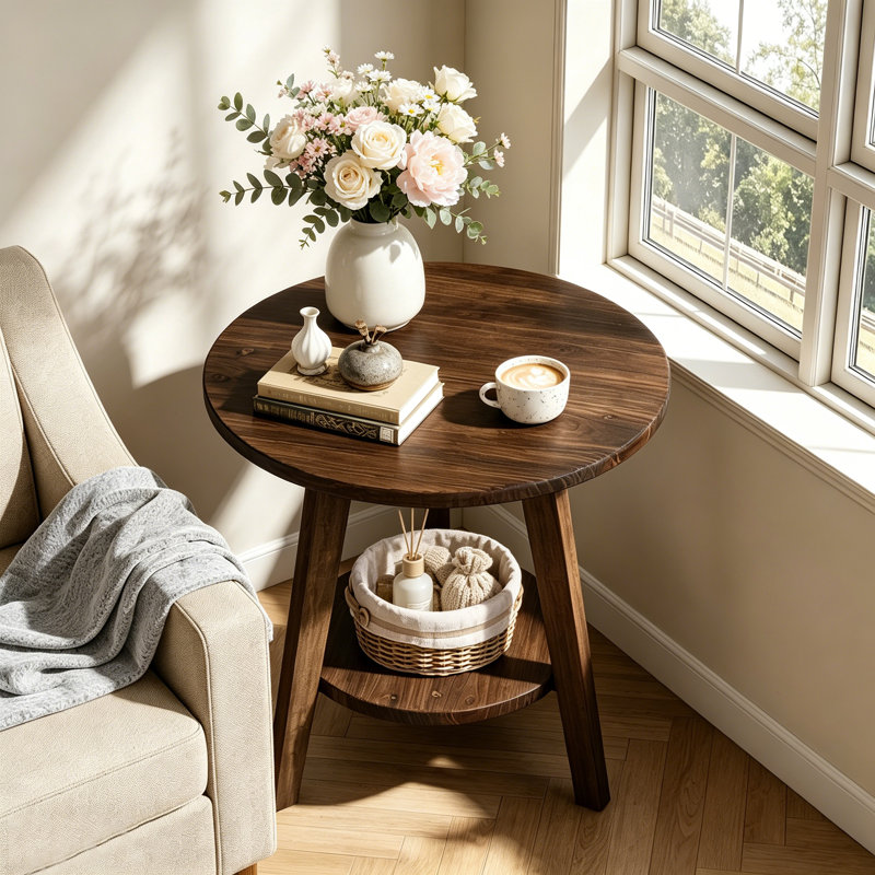Table de bout ronde en bois massif, table d'appoint de style campagnard avec tablette de rangement