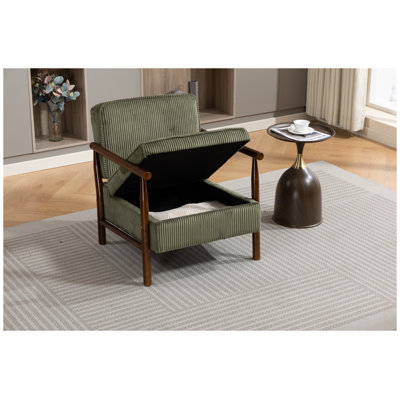 Chaise d'appoint de rangement Mid-Century moderne, fauteuil de salon rembourré en velours côtelé vert antique avec structure en bois, fauteuil de lecture à coussin de taille pour véranda de chambre à coucher