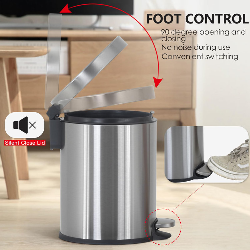Silver Stainless Steel Round Pedal Trash Can for Indoor Use