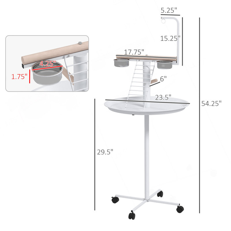 Support pour oiseaux, support pour perroquet avec roues, perchoirs, bols en acier inoxydable, plateau rond, support pour oiseaux pour l'intérieur et l'extérieur, blanc