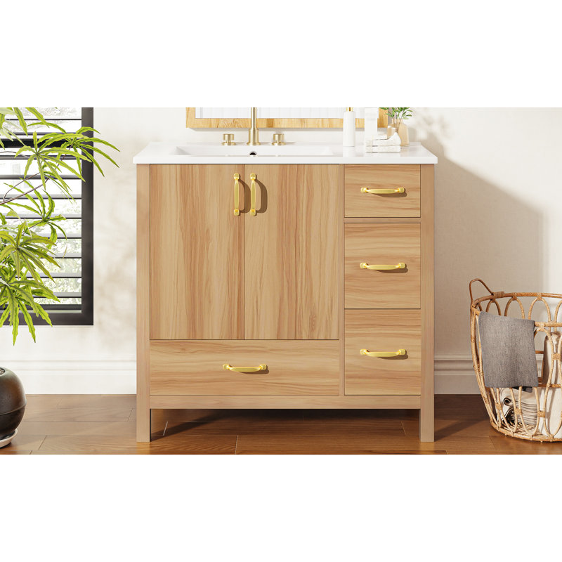 Meuble-lavabo de 36 pouces avec fabrication en bois massif, poignées dorées et fonction de fermeture en douceur pour les salles de bain de luxe 36 po, tiroirs équipés, tablette réglable, trou de débordement confortable