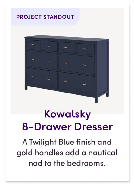PROJECT STANDOUT. Kowalsky 8-Drawer Dresser. A Twilight Blue finish and gold handles add a nautical nod to the bedrooms.