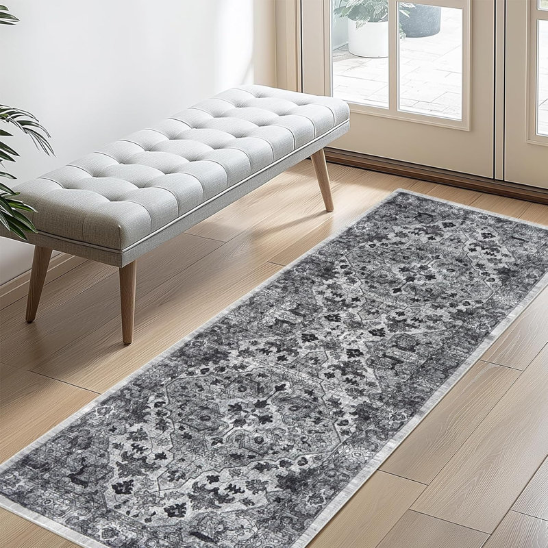 Entryway Runner Rug, Washable Vintage Low Pile Stain-Resistant, Non-Slip Soft Thin Carpet for Kitchen, Bedroom, Bathroom (Grey, 2x6ft)
