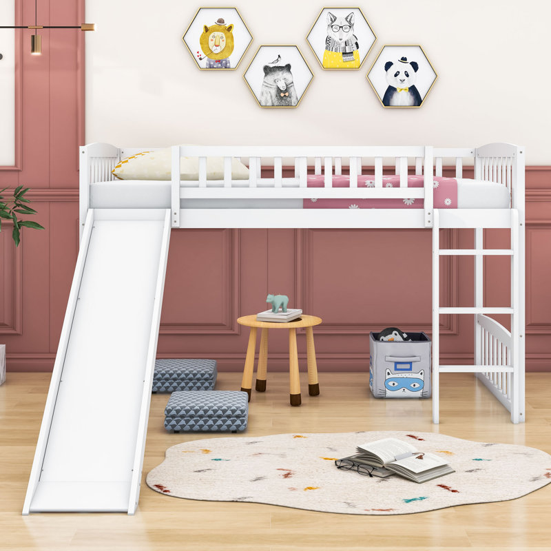 Enguerrand Twin Size Wood Loft Bed with Slide, White
