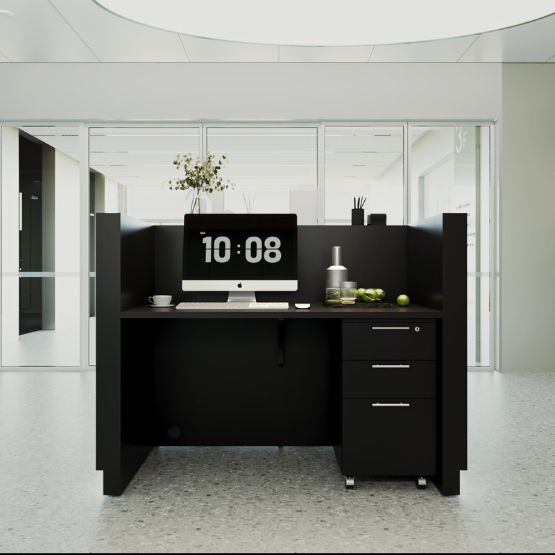 Modern Rectangular Reception Desk With Lockable Cabinet And Base Light, Black, 45.28" H x 59.06" W x 33.46" D