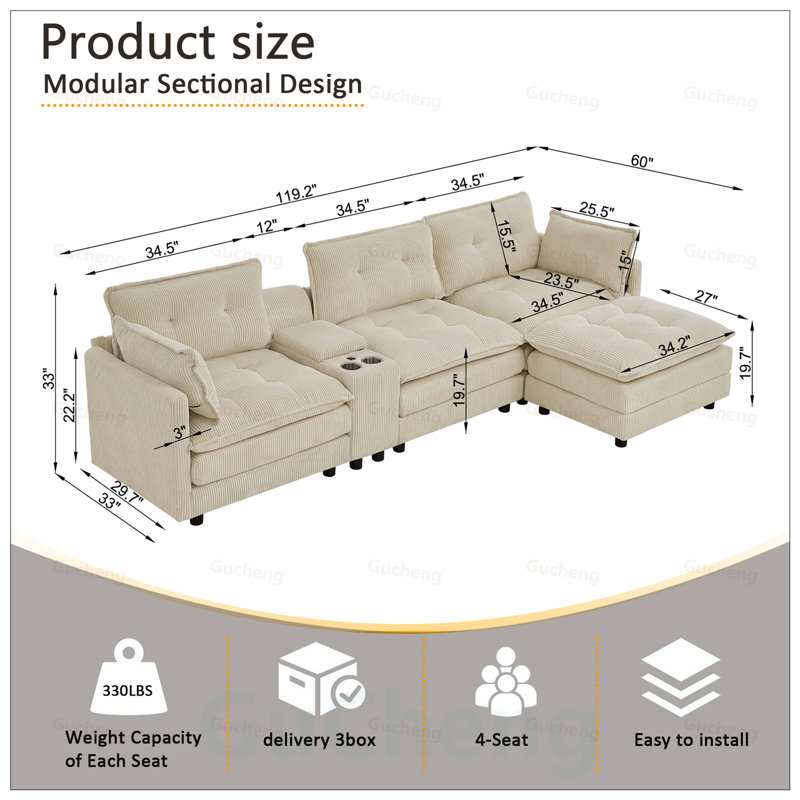 Canapé modulaire en L surdimensionné en L avec repose-pieds et console multifonctionnelle, canapé rembourré 4 places avec port USB et 2 porte-gobelets, facile à assembler pour le salon