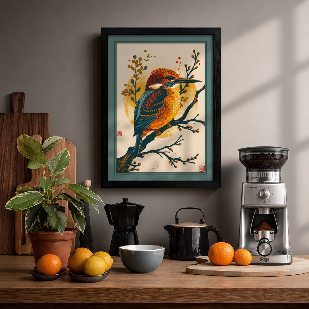 Kingfisher Among Branches Japandi - Framed Print