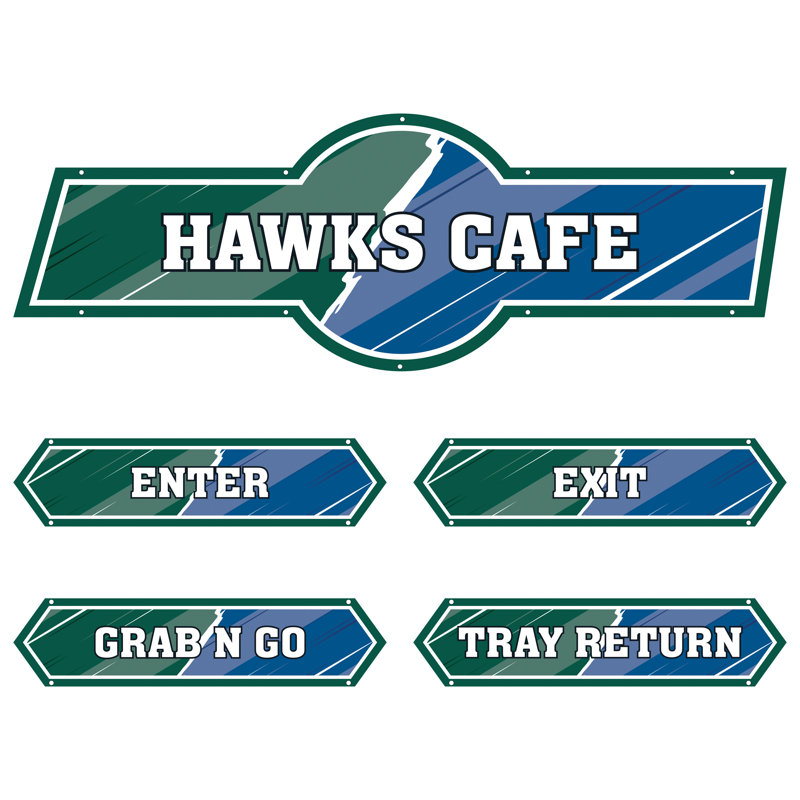 AmTab - Serving-Décor-S01-I-EC - Serving Area Signage (5 pieces) - Style 1 - Hawks
Café Sign: 24"W x 72"L
Enter Sign:  8.5"W x 36"L
Exit Sign:  8.5"W x 36"L
Grab N Go Sign:  8.5"W x 36"L
Tray Return Sign:  8.5"W x 36"L